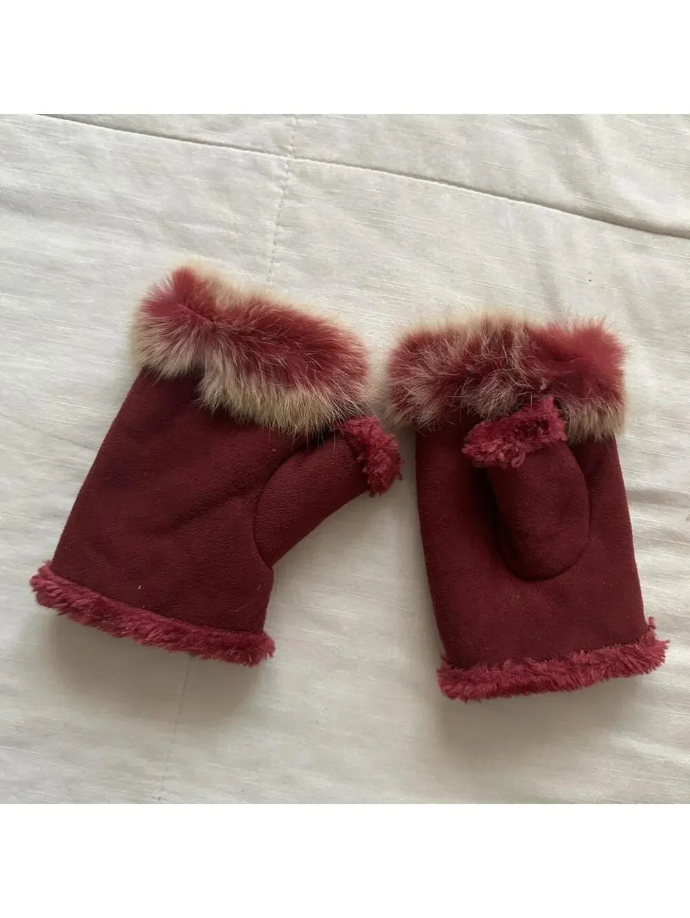 Vintage Burgundy Faux Suede Fur Trim Mittens Winter Coquette Holiday